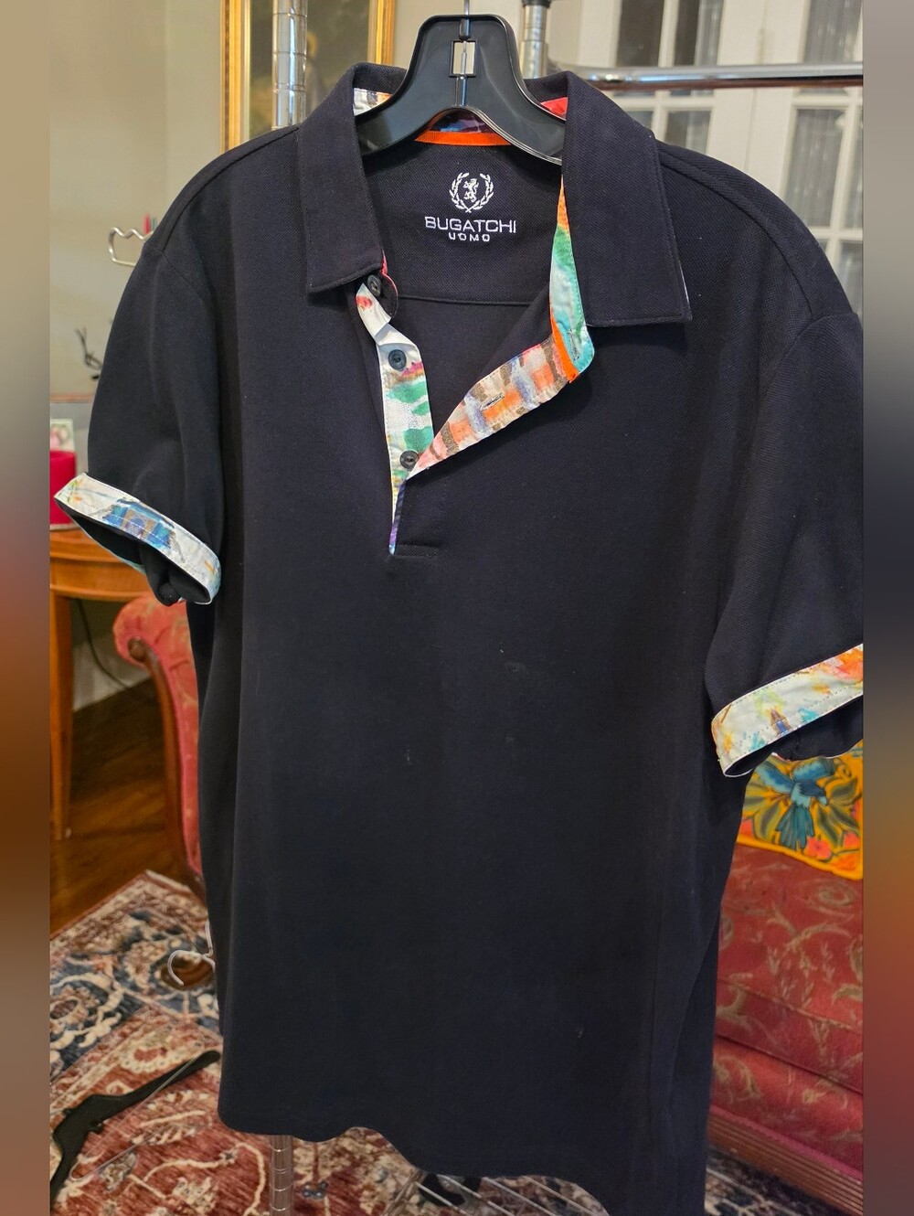 Bugatchi Black Polo with Colorful Painted-Trim Collar & Cuffs